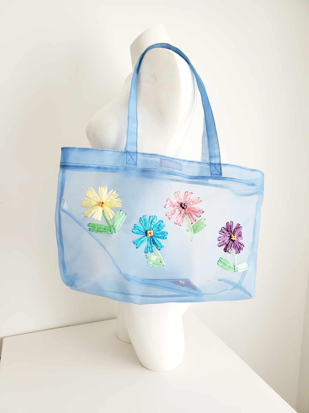 Blue Mesh Floral Tote Bag & Matching Embroidered Flower Pouch Set